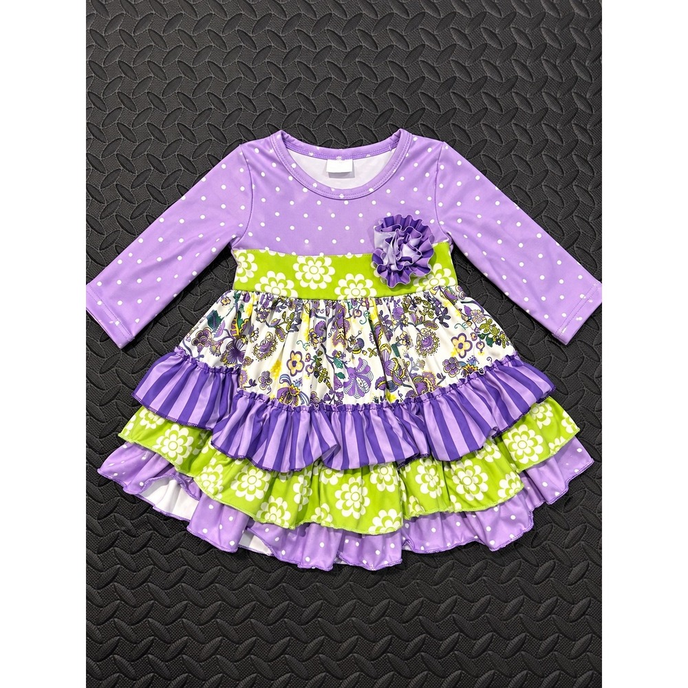 Girls Purple Polka Dot Floral Ruffle Tiered Dress Long Sleeve 3-6M 3XS